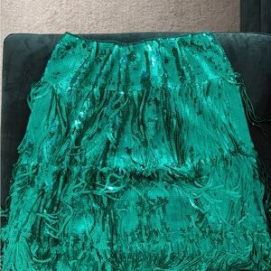 Anthropologie Teal Sequin Fringe Mini Skirt